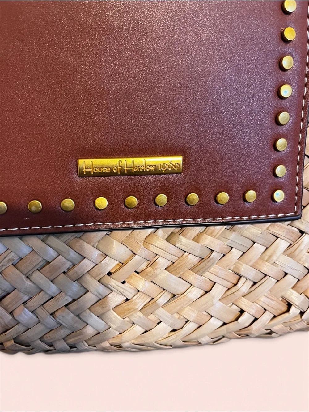 House of Harlow 1960 Woven Straw Tote with Brown Leather Trim